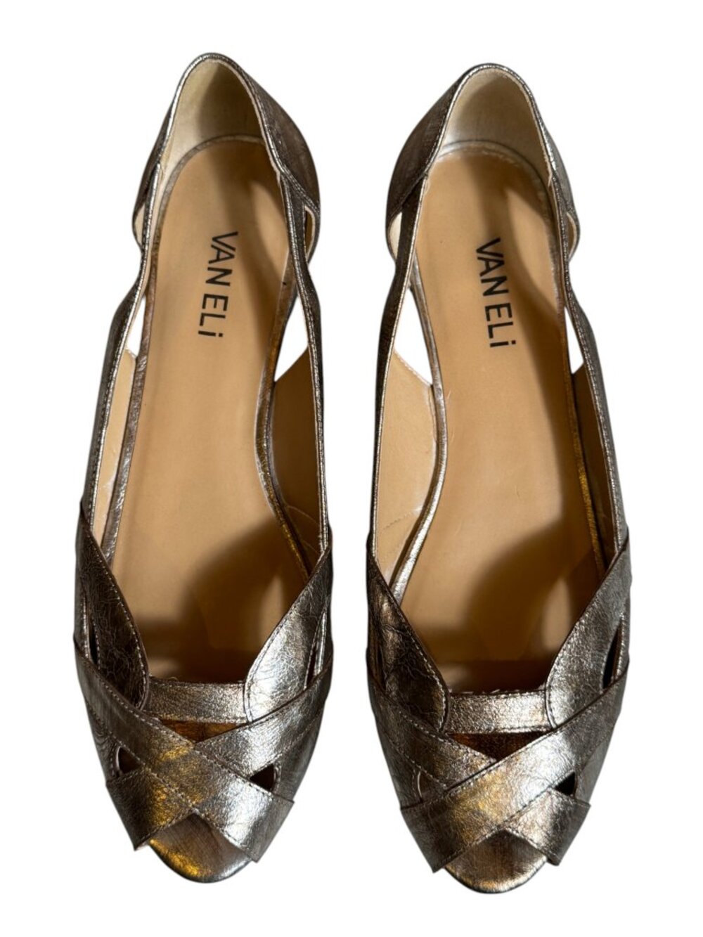 VAN ELI Metallic leather Peep Toe Cut Out Flats Size 8M